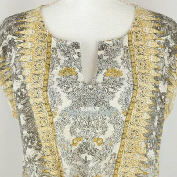 Lucky Brand Women's Medium Yellow Black Split Scoop Neck Tie Hem Cap Sleeve Tee - Picture 3 of 10